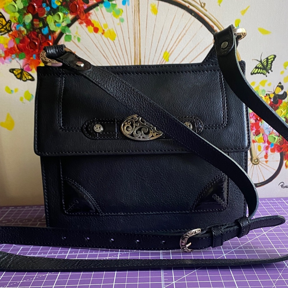 Brighton Vintage Black Leather Crossbody Bag with Silver-Tone Accent.